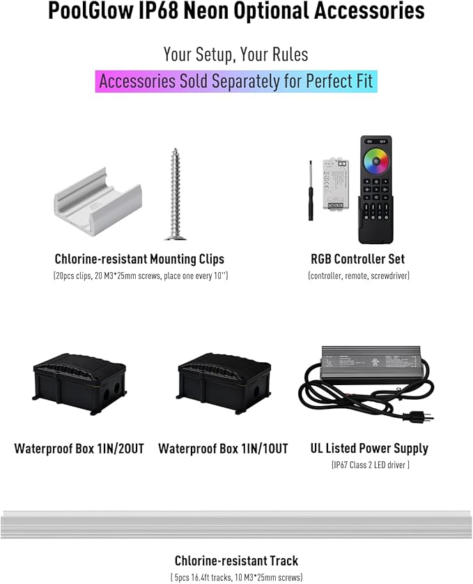 Shine Decor IP68 Waterproof LED Strip Light, 24V Pool Rated Submersible Silicone Neon, UL Listed Underwater Outdoor LED Rope Light for Pool Fountain Waterfall Bathtub, 16x16mm, RGB, 16.4FT