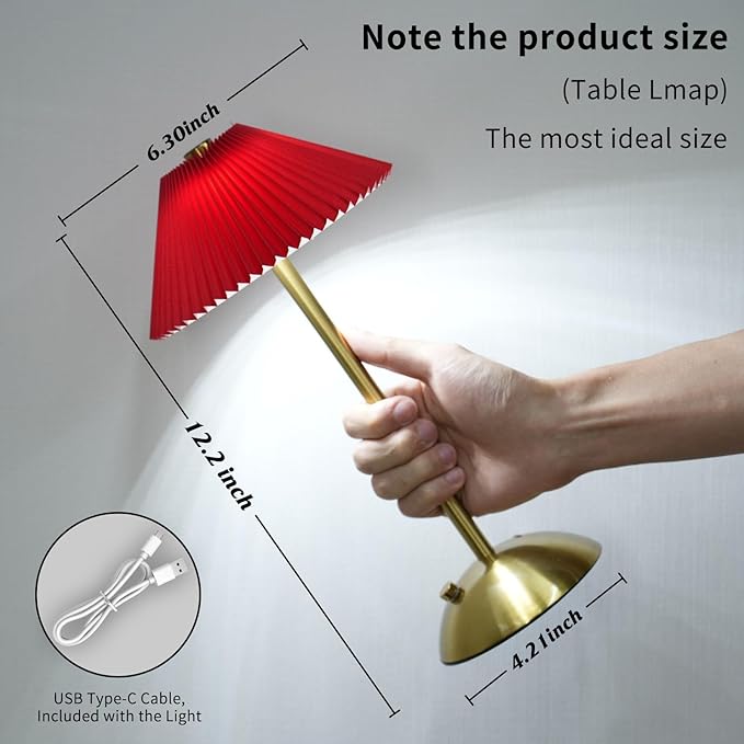 Cordless Table Lamp(D:6.3" x H:12.2"),LED Rechargeable Lamp,Bedside Modern Wireless Lamp for Living Room,Dimmable Touch Lamp with USB Port (Red)