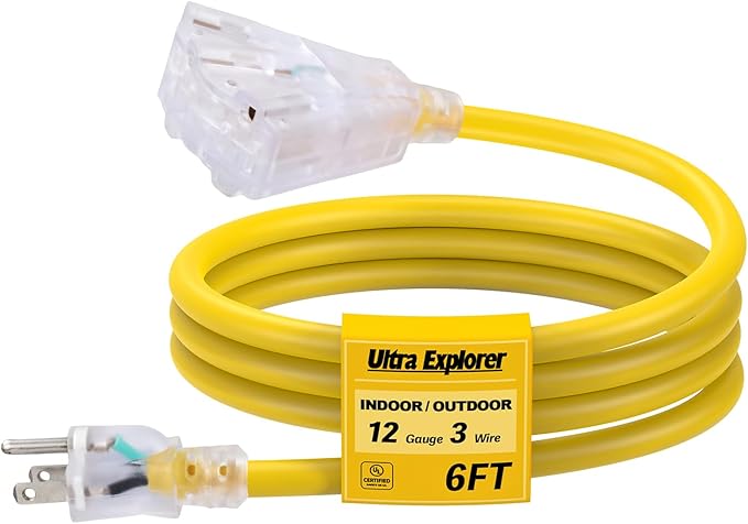 6 Ft Lighted Outdoor Extension Cord with 3 Electrical Power Outlets - 12/3 SJTW Heavy Duty Yellow Extension Cable with 3 Prong Grounded Plug for Safety, UL Listed