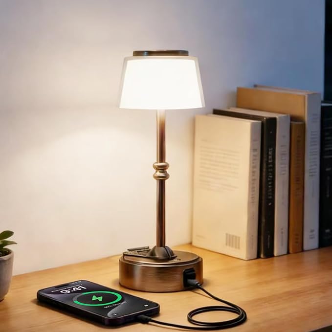 LED Cordless Lamp, 5 Colors Stepless Dimming Table Lamp, 4400mAh Rechargeable Battery with USB Charging Port, Portable Touch Bedside Light for Patio, Restaurant, Dining (1, Antique Brass)