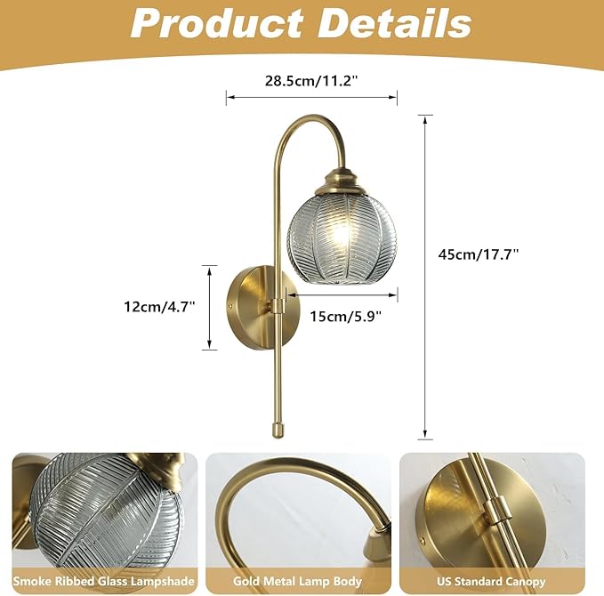 KCO Lighting Gold Wall Light Smoke Glass Globe Sconce Antique Brass Long Arm Sconce Minimalist Vintage Fireplace Wall Sconces Mid Century Modern Bedside