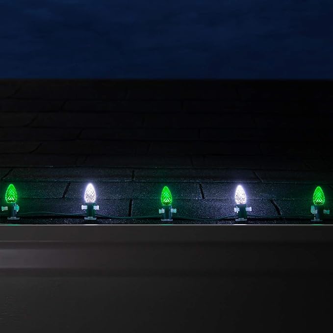 Wintergreen Lighting C7 OptiCore Commercial Christmas Lights – Heavy Duty LED Bulbs on Green Wire (100 Lights, 100 ft, Green/Cool White)