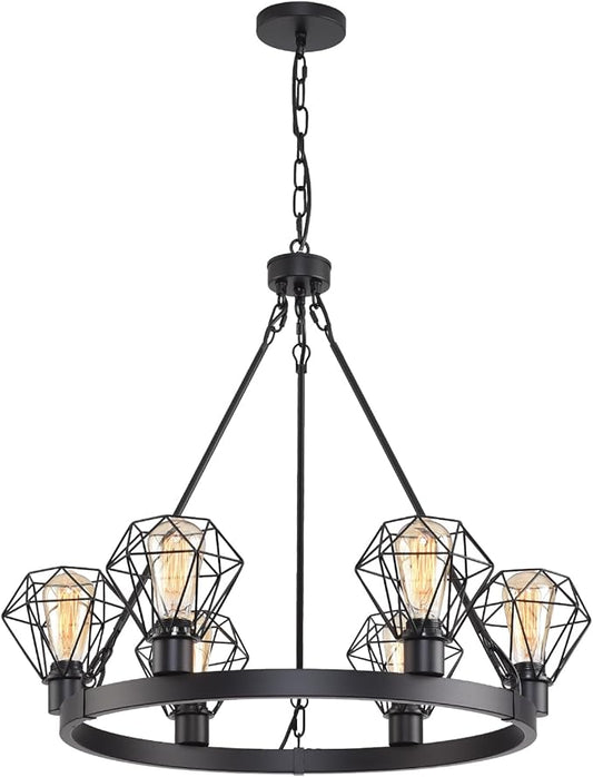 Wagon Wheel Chandelier Modern Farmhouse Pendant Light,Black Farmhouse Chandelier, 6-Light Wagon Wheel Chandelier with Adjustable Height, Dining Room Light Fixture, Hanging Lights