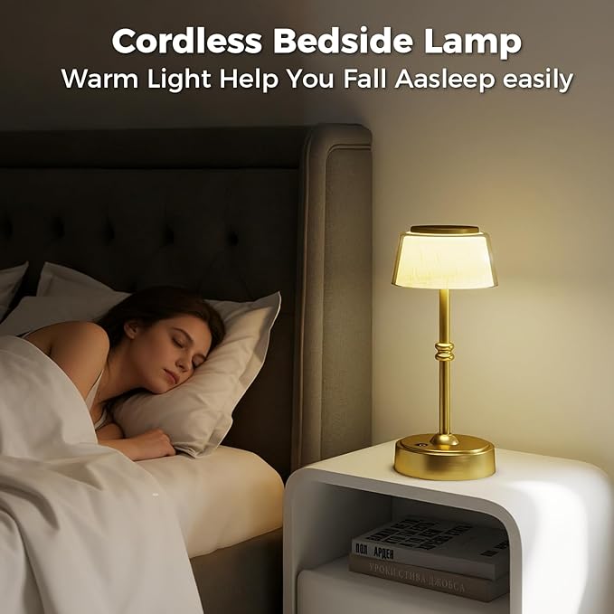 LED Cordless Lamp, 5 Colors Stepless Dimming Table Lamp, Built-in 4400mAh Rechargeable Battery with USB Charging Port, Portable Touch Bedside Light for Patio, Restaurant, Dining (1, Gold)