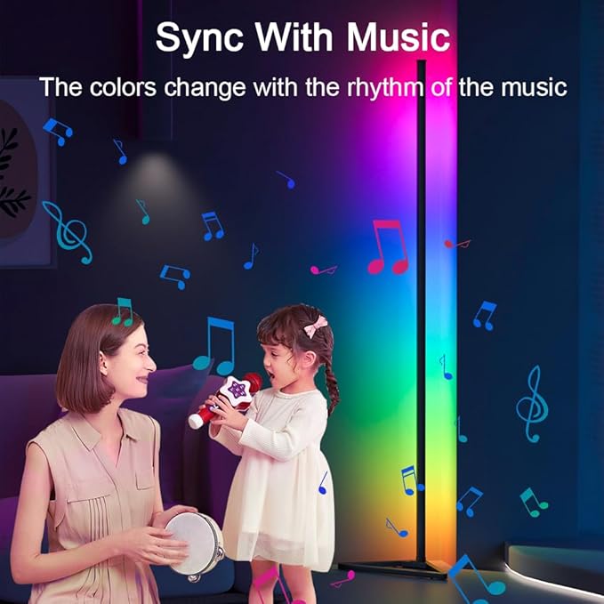 Corner Floor Lamp, 1 Pack LED Corner Lamp with APP and Remote Control, 16 Million DIY Colors & Warm White, Music Sync, Timing Function, Color Changing Ambient Lights for Living Room, Bedroom, Gaming