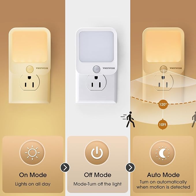 Plug-in Motion Sensor Lights with Adjustable Brightness, Warm White Motion Activated Led Night Light for Bedroom, Bathroom, Stairs, Hallway, Living Room, 2 Pack