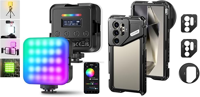 NEEWER RGB62 Magnetic RGB Video Light with Upgraded APP Control, 360° Full Color LED Camera Light with 3 Cold Shoes CRI97+ 2500K-8500K 17 Scenes, S24 Ultra Phone Cage Included