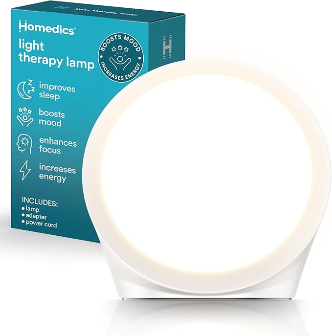 Homedics Light Therapy Lamp, Sun Lamp,10,000 Lux, UV-Free, Full Spectrum LEDs for Improved Sleep, Boosted Mood & Increased Energy, Adjustable Color Temperature, 6 Timer Settings, Compact & Stylish