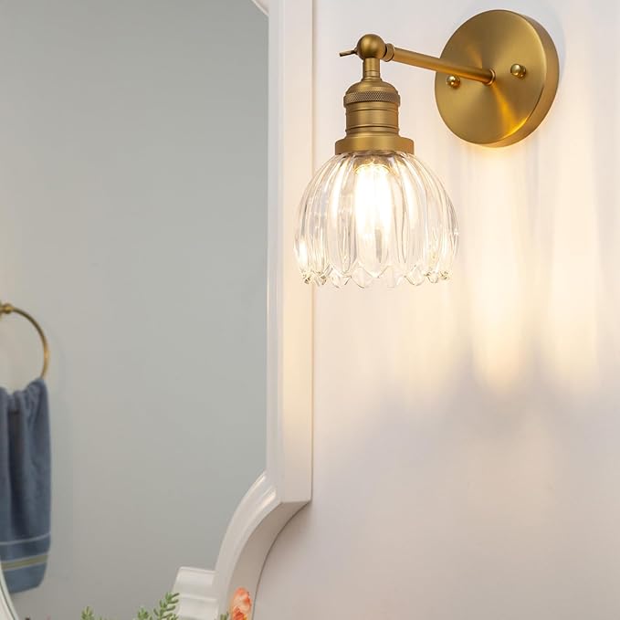 Pathson Adjustable Wall Sconce Lamp with Tulip Thick Glass, Hardwired Bathroom Sconce Brass Gold Wall Vanity Light Fixture for Living Room Farmhouse Bedside Lighting