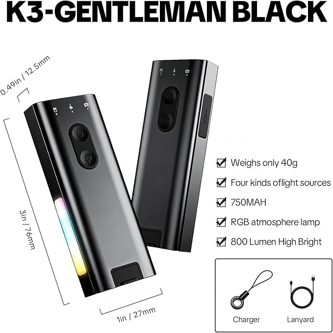 K3 Ultra Multi EDC Keychain Tool, Rechargeable 800 Lumens Mini Keychain Flashlight with Diffuser Clip, Multipurpose Pocket Light for Camping Hiking Emergency Everyday Carry (Black)