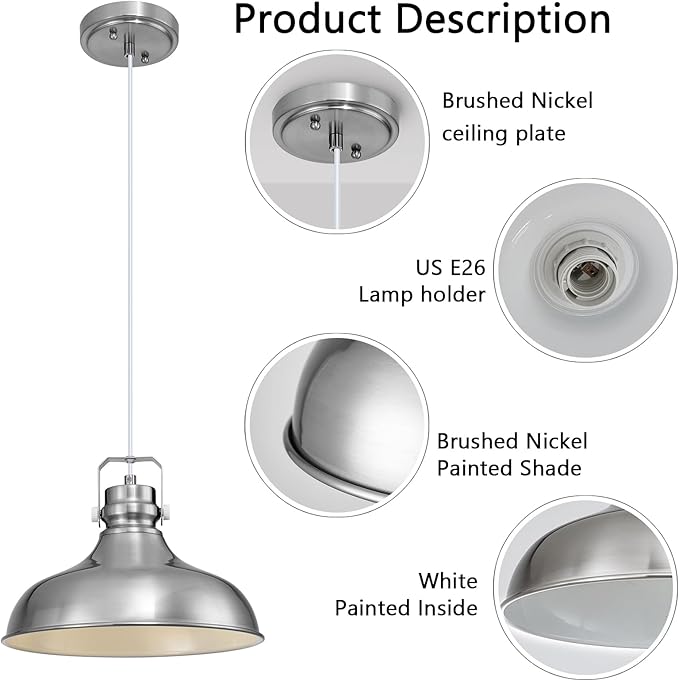 Brushed Nickel Farmhouse Pendant Lights Matte Pendant Lighting for Kitchen Island Industrial Adjustable Height Vintage Dome Hanging Light Fixtures for Barn, Dining Room 2 Packs