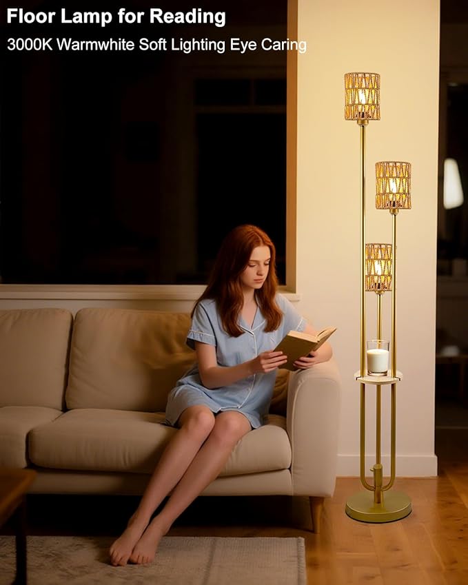 Lightdot Dimmable Boho Floor Lamps for Living Room, 3-Lights Rattan Floor Lamp with Shelves, Farmhouse Floor Lamp, Rustic Gold Standing Lamp with Warmwhite Bulbs Included for Sofa Beside/Corner Decor