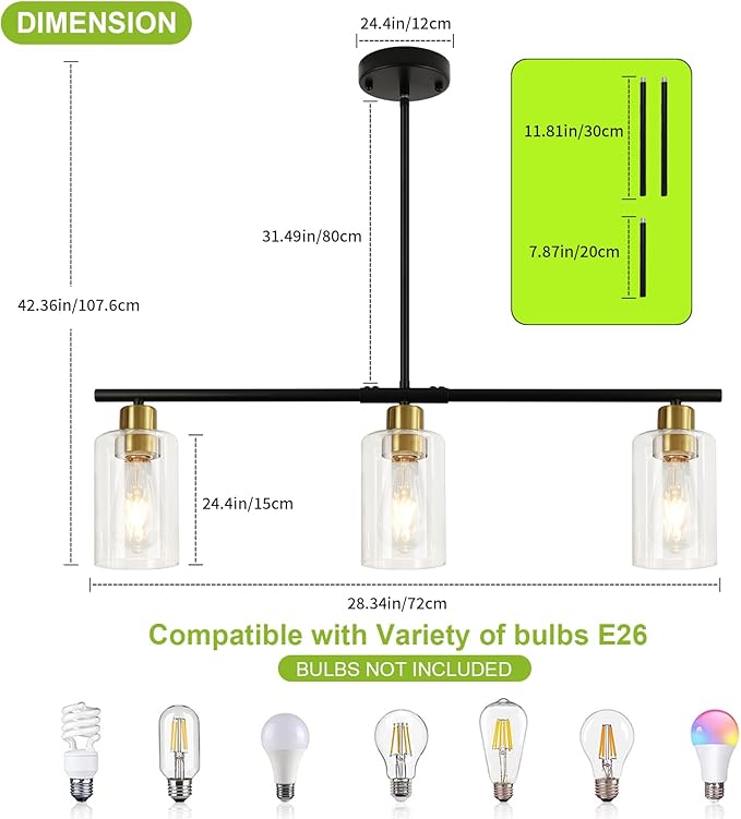 WILON Kitchen Island Lighting, 3 Lights Black Linear Chandeliers Modern Farmhouse Chandelier with Glass Shades for Kitchen Island Living Dining Room Foyer Bedroom (Black Gold, 3 Lights)