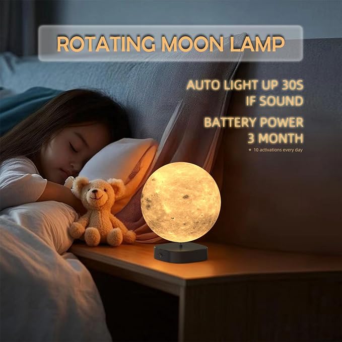 Moon Lamp, 6 inch 3D Printed Floating Moon lamp, auto Light up with self Rotating, Moon Light lamp for Kids (Black Base)