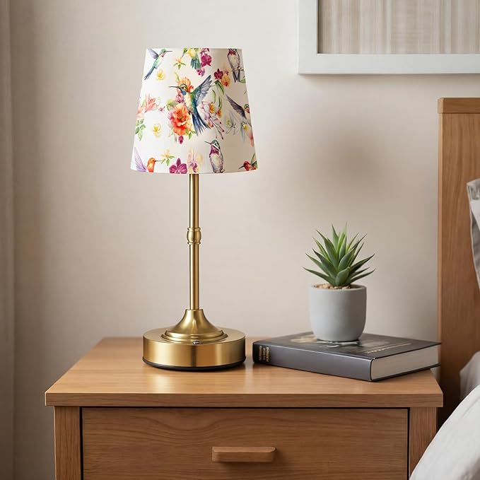 Cordless Table Lamp for Bedroom Bedside Bird Floral Linen Lampshade with Rechargeable Table Lamp Hummingbird Flower Desk Light for Farmhouse Boho Vintage Nightstand Living Room Home Decor