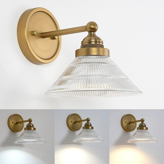 HEQIQEH Vintage Battery Operated Wall Sconce with Clear Ribbed Glass Shade, Dimmable Cordless Wall Lamp with Remote Control for Indoor Bedside, Hallway, Porch, Kitchen, Vanity Bathroom（1-Pack）