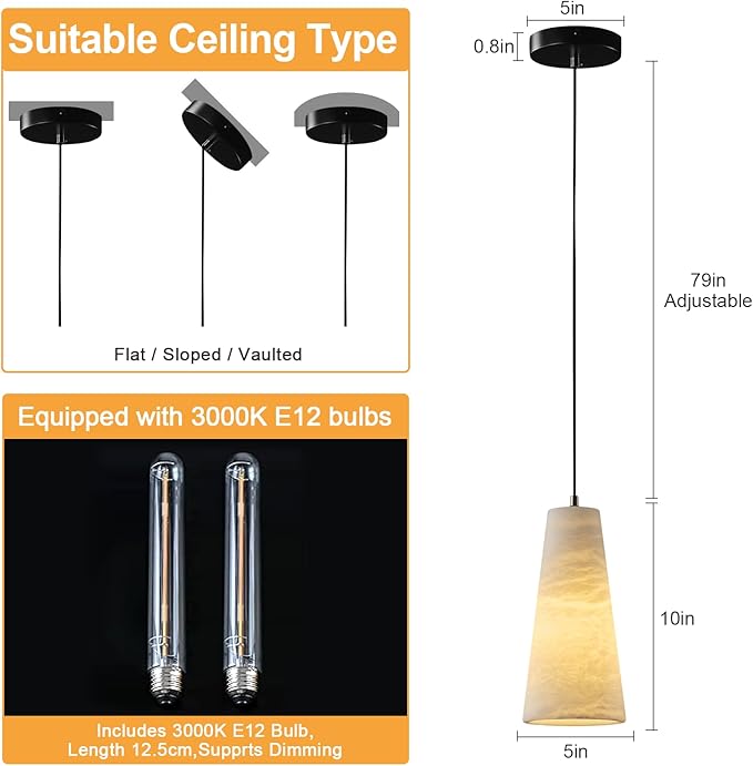 Alabaster Pendant Lights Kitchen Island,White Pendant Light, Marble Shade Black Cone Lighting Fixtures for Bedroom Bathroom Dining Room Living Room H-10in (Bulbs INCL)