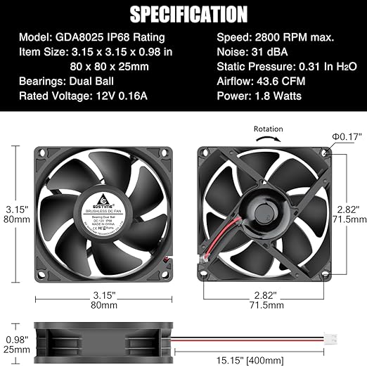 GDSTIME 80mm x 25mm 12V IP68 Waterproof Exhaust Fan Small Brushless DC Cooling Computer Case Fan 2 Pin Dual Ball Bearings for RV Fridge Ventilation, 2 Pack
