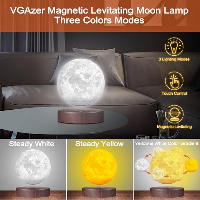 VGAzer Magnetic Levitating Moon Lamp Night Light Floating and Spinning in Air Freely with LED Lights for Home,Office Decor,Unique Holiday Gifts,Night Light