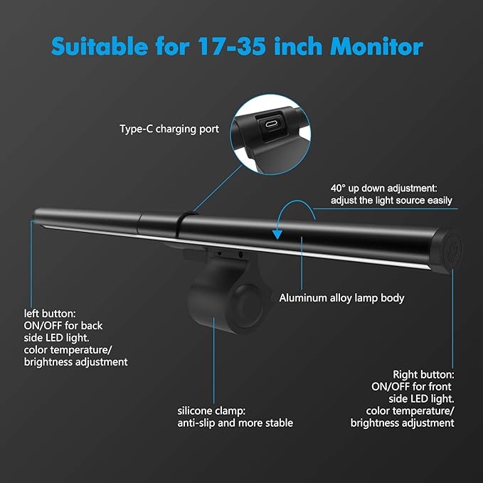 OOWOLF Monitor Light Bar with Backlight CRI≥95, Screen Light Bar, Desk Lamp for Eye-Caring, Flicker Free, 3-Color Mode, Memory Dimming, e-Reading Task Lamp,Computer Lights for Home Office