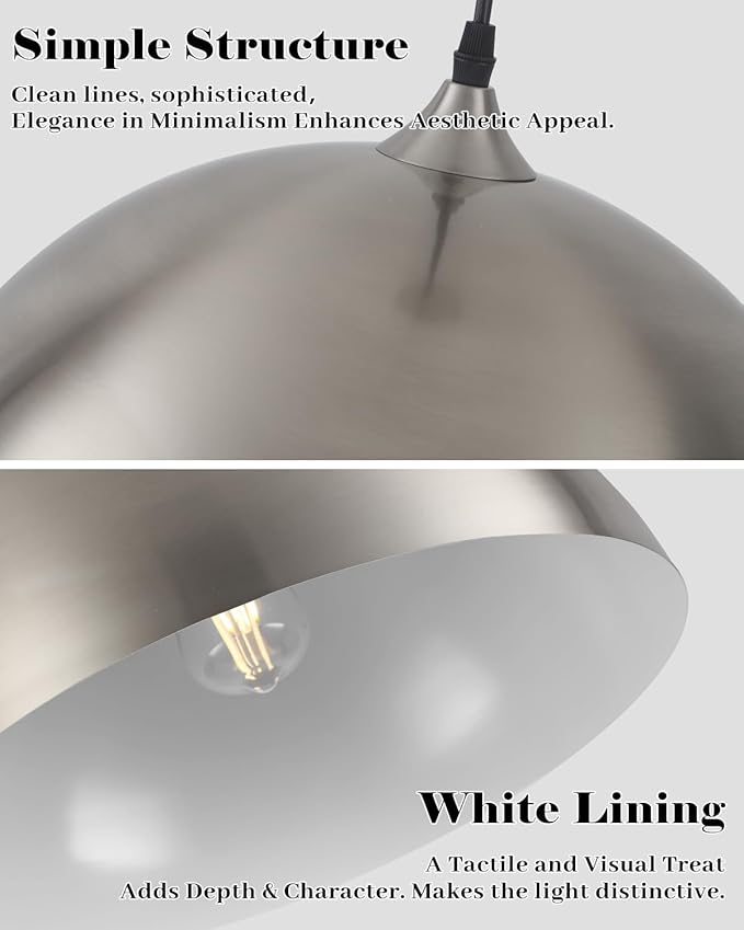 Brushed Nickel Pendant Lights Kitchen Island, 16 Inch Large Dome Pendant Light, Modern Farmhouse Pendant Light for Kitchen Island, Dining Room, Cafe, Bar, 2 Pack