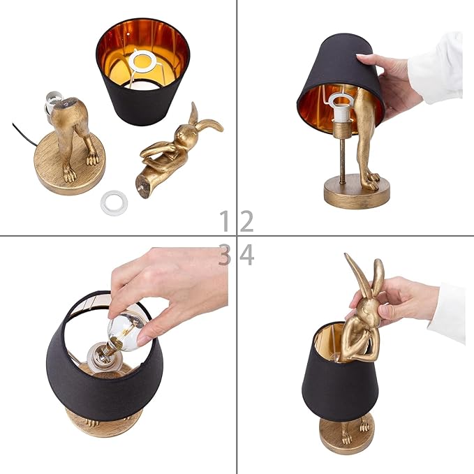 YHT Bunny Table Lamp, Cute Animal Rabbit Lamp,15.7" Vintage LED Desk Light with Linen Lampshade,Gold Main Part Beside Lamp for Bedroom, Study Room, Office, Nursery, Home Decor (Black)
