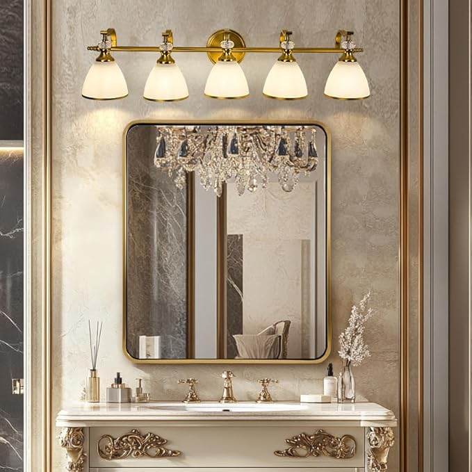 ANDY STAR Gold Bathroom Light Fixture, 5-Light Bathroom Wall Sconces, 35 inch Brass Vanity Light with Milky White Frosted Glass Shade, Large Vintage Wall Lights for Spacious Rooms
