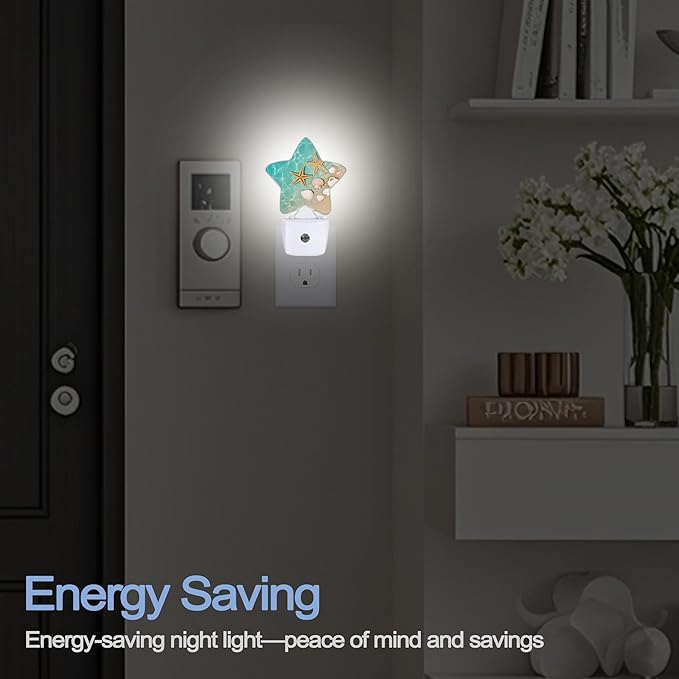 Night Light,Beach Starfish Shell Plug into Wall with Dusk to Dawn Light Sensors,Coastal Summer Warm Star Nightlights for Bedroom,Bathroom,Hallway,Kitchen Home Decor Desk Lamp