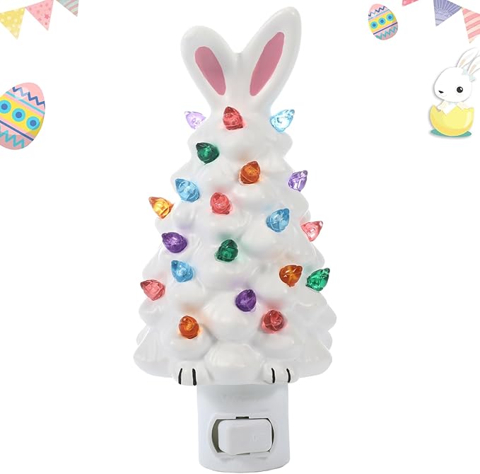 Bunny Campfire Nightlight Bunny Lamp Easter Night Light Plug Into Wall Rabbit with Easter Egg Carrot Night Lamp Easter Bedroom Bathroom Decoration (Tree)