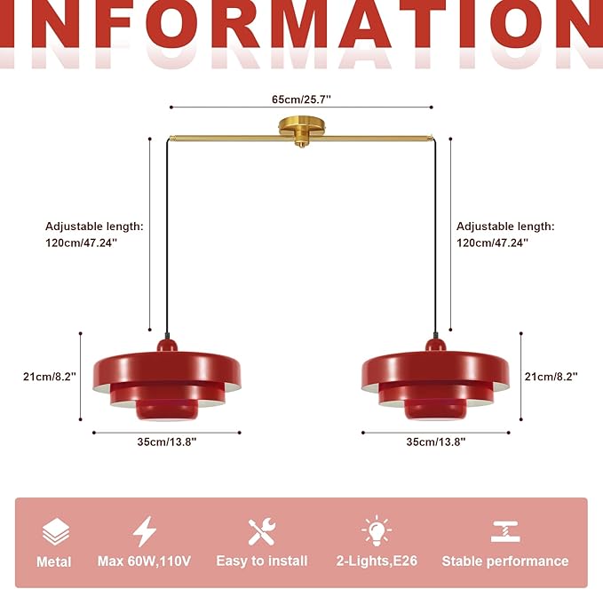 Industrial Red Pendant Light, 2-Light Vintage Chandelier, Mid Century Modern Ceiling Light Adjustable Hanging Lights for Kitchen Island, Bar, Dining Room