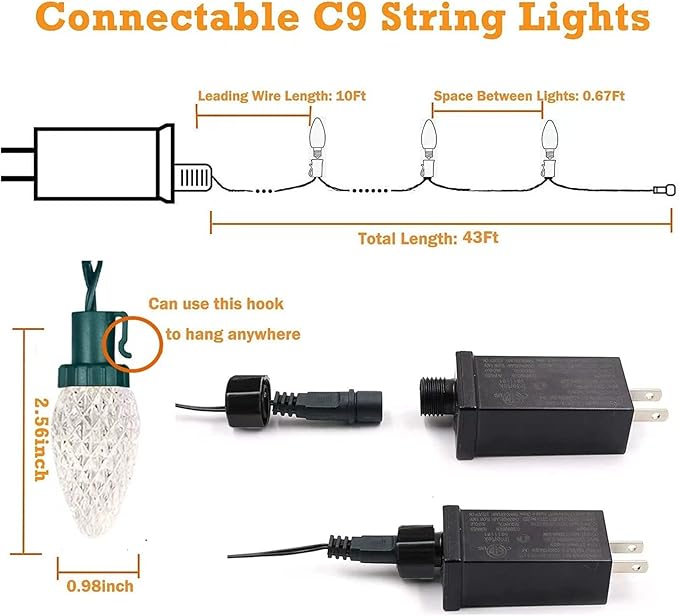 2-Pack Connectable C9 LED Christmas Lights String, 66 FT 100 LED Christmas Lights Plug in with 29V Safe Adaptor, Waterproof Decorative Lights Indoor/Outdoor for Xmas Tree Decoration (Multi-Colored)