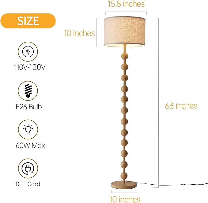 Modern Dimmable Remote Control Floor Lamp for Living Room Bedroom with LED E26 Bulb, Yellow Wood Pattern Iron Tall Standing Lamp Light with Fabric Shade for Nursery Room Home Office