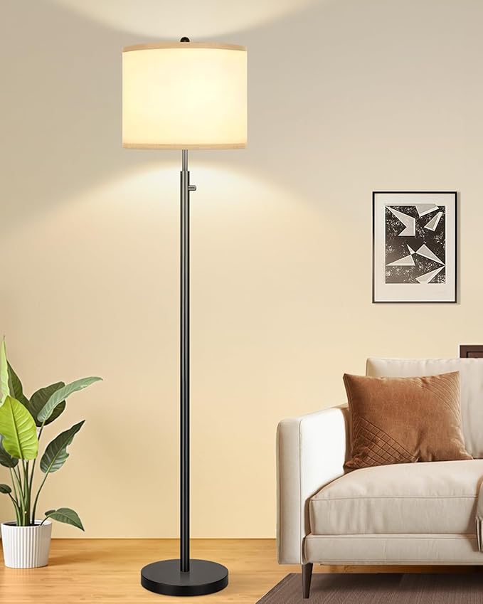 Nintiue 【Upgraded】 Dimmable Floor Lamp for Living Room, 11W LED Bulb Included, Modern Standing Lamp, Tall Pole Light with Linen Shade for Bedroom Reading Office Corner Nursery-Black