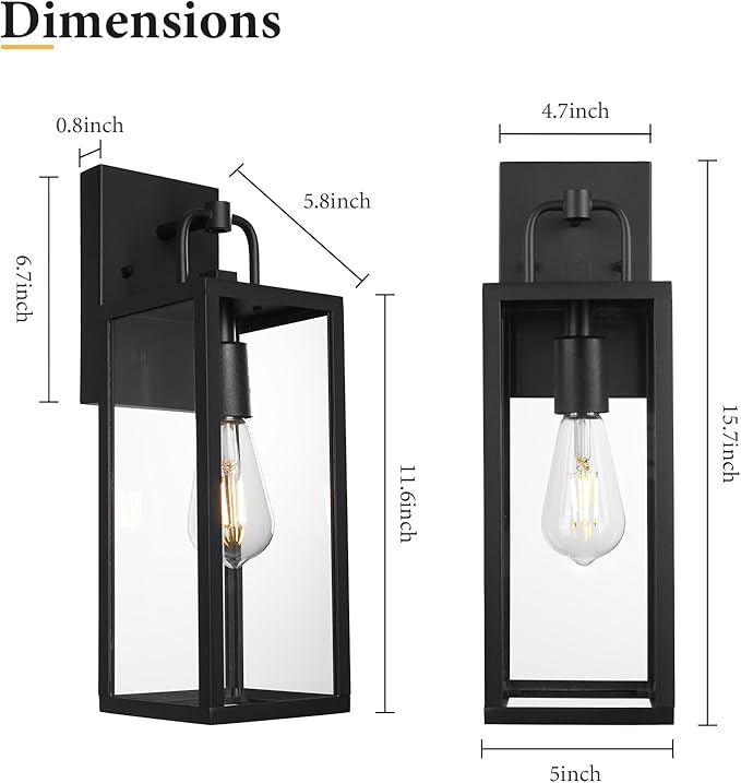 Outdoor Wall Sconce Lights, 16 Inch Tall Transitional Exterior Wall Light Fixtures with Clear Glass, Anti-Rust Modern Black Outside Lanterns Lamps for House Front Porch Doorway Patio, 2 Pack