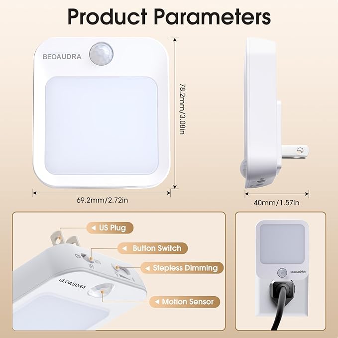 Plug-in Motion Sensor Lights with Adjustable Brightness, Warm White Motion Activated Led Night Light for Bedroom, Bathroom, Stairs, Hallway, Living Room, 2 Pack