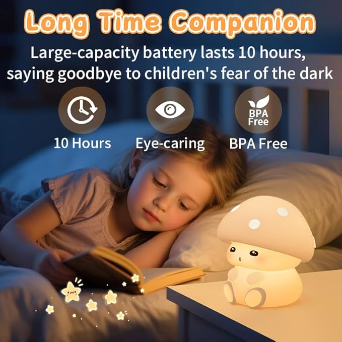 Mushroom Night Light Lamp, Soft Squishy Silicone Nursery Light with 2 Brightness Level, Touch Dimmable Baby Nightlight, Rechargeable Kid Lamp Kawaii Mushroom Gifts for Kids Baby Girls Women (Yellow)