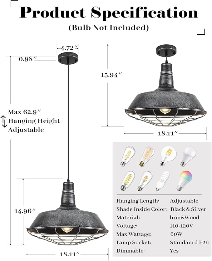 Large Pendant Lights Kitchen Island 1 Pack, 18.1 Inch Oversized Industrial Pendant Light, Black and Silver Barn Pendant Light with Wire Cage, Farmhouse Pendant Lights for Kitchen Barn