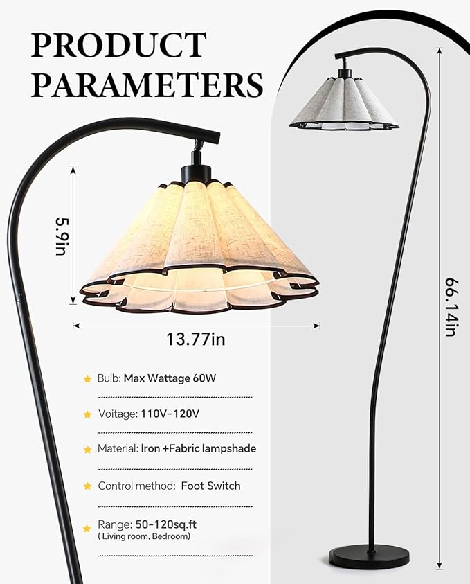 Floor Lamp with Pleated Linen Lampshade, Modern Flower Floor Lamp for Living Room Arc Standing Lamp, Gold Tall Lamp for Bedroom Office Dining Room, Bulb Included (Black + Black, 66.1IN)