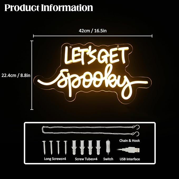 Let's Get Spooky Neon Signs Halloween Neon Sign Yellow Letter LED Neon Light Signs Spooky Neon Wall Sign Quote LED Sign Neon Lights for Wall Bedroom Bar Man Cave Party Halloween Room Decor