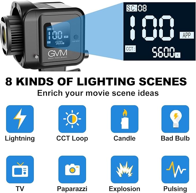 GVM 80W Video Light, Continuous Lighting for Photography with Bowens Mount, 5600K, 44100Lux/0.5m Studio Light with APP, CRI 97+ 8 Scene Lights Support AC Adapter & NP Battery