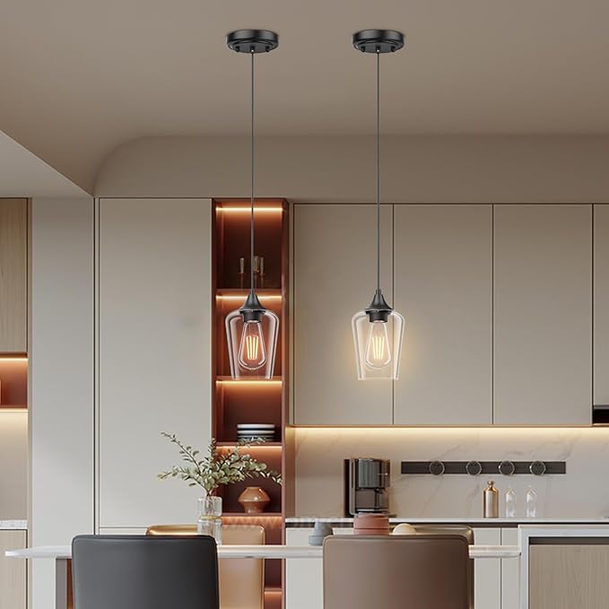 Ralbay Matte Black Industrial Pendant Light 2-Pack, Pendant Light Fixtures with Wine Clear Glass Shade, Adjustable Height for Kitchen Island, Farmhouse Dining Room Hanging Lighting Fixture