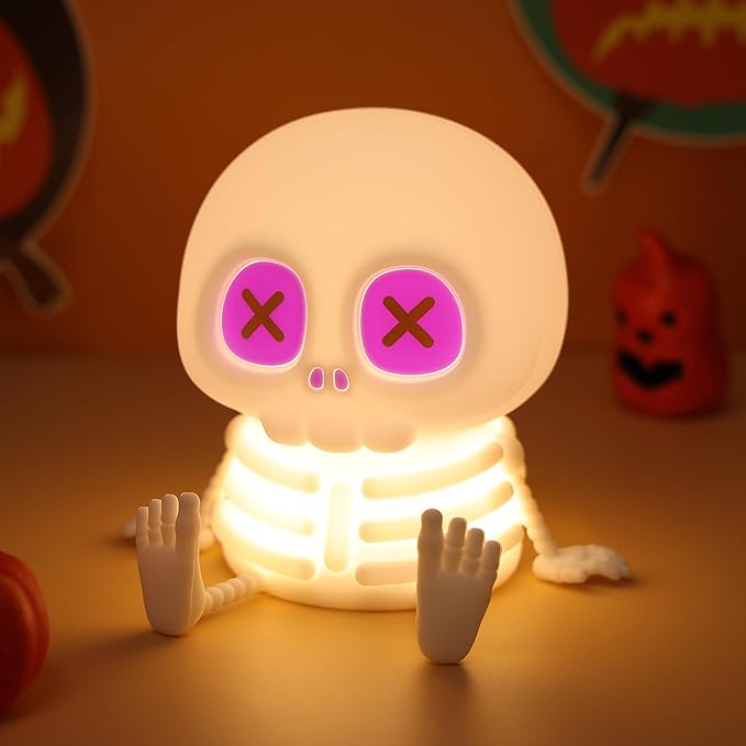 Skull Night Light, Cute Silicone LED Skeleton Lamp, Color Changing & Dimmable Helloween Room Decor, Squishy Cordless Rechargeable Nightlight, Bedside Light for Christmas Halloween Gifts
