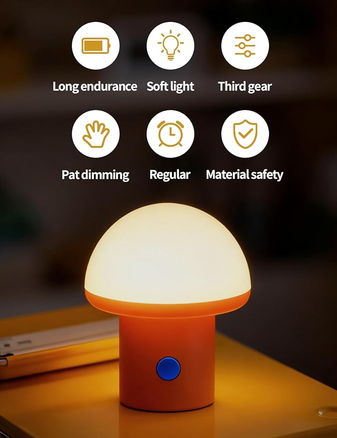 LED Night Light for Bedroom - Cute Mushroom Mini Desk Lamp with 3 Brightness Levels, USB Rechargeable & Portable Bedside Lamp for Kids and Nursery Christmas Gifts for Birthday