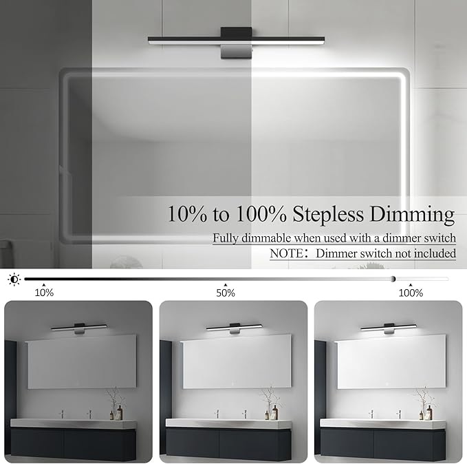 Ralbay 5 Color Temperature Dimmable LED Modern Bathroom Vanity Light Bar 24inch 16W Matte Black Modern Acrylic Bathroom Wall Lighting Fixtures Over Mirror