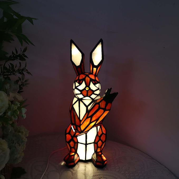 Bieye L10946 Rabbit Holds Carrot Tiffany Style Stained Glass Accent Table Lamp for Home Decor (Red)