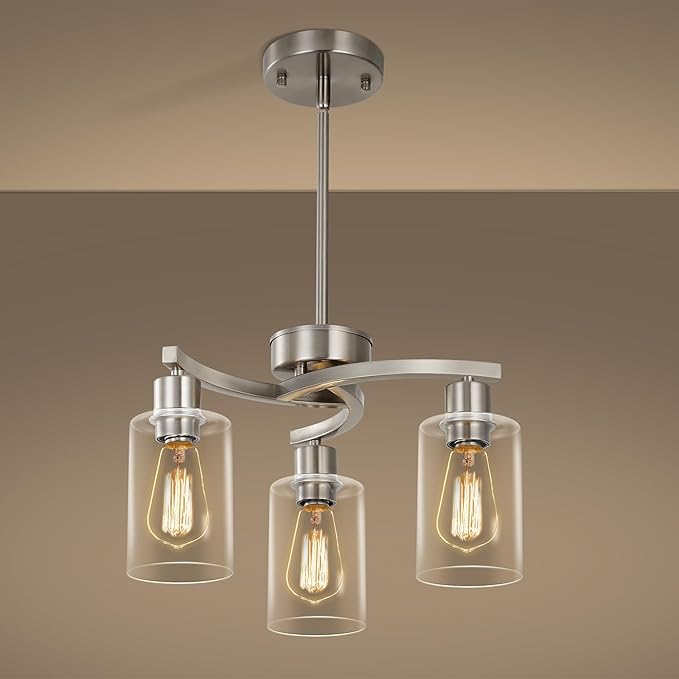 3-Light Brushed Nickel Pendant Lighting for Kitchen Island, Hanging Dining Room Light Fixtures Over Table, Industrial Chandelier for Entryway Hallway Foyer Bedroom, Clear Glass Shade