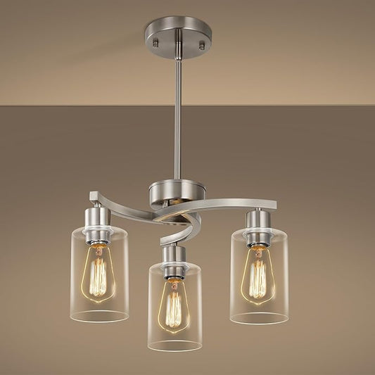 3-Light Brushed Nickel Pendant Lighting for Kitchen Island, Hanging Dining Room Light Fixtures Over Table, Industrial Chandelier for Entryway Hallway Foyer Bedroom, Clear Glass Shade