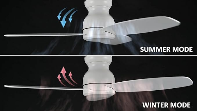 CEME 48 Inch Flush Mount Ceiling Fan without Lights, White Ceiling Fan with Remote Low Profile, 10-Speed Reversible DC Motor, 3 Dual Finish Blades, Indoor for Bedroom