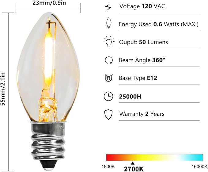 C7 LED Night Light Bulbs 0.6W Equivalent to 7W C7 Candelabra LED Filament Light Bulbs E12 Candelabra Base Lamp Clear Plastic Soft White 2700K Outdoor String Lights 25 Pack