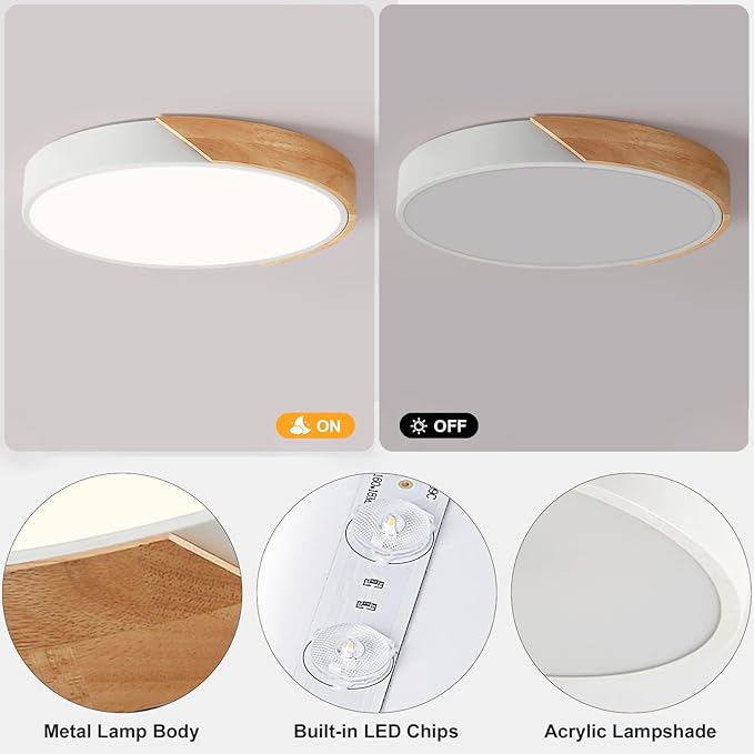 Vikaey Modern LED Ceiling Light, Minimalist Wood Flush Mount Ceiling Light Fixture, 4000K Not Dimmable, Circle Lighting Lamp with Acrylic Lampshade for Bedroom Dining Room Laundry (White, 15.8'')